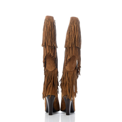 Saint Laurent Suede Lily Knee High Fringed Boots 37 Cigar 5 of 12