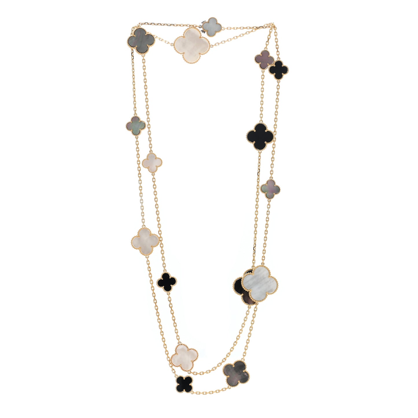 18K Yellow Gold Onyx Mother of Pearl 16 Motifs Magic Alhambra Necklace