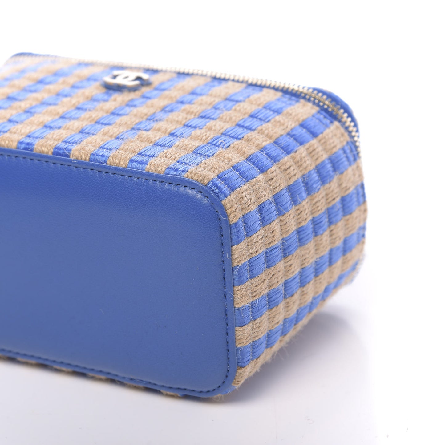 Raffia Jute Striped Small Vanity Case With Chain Blue Beige