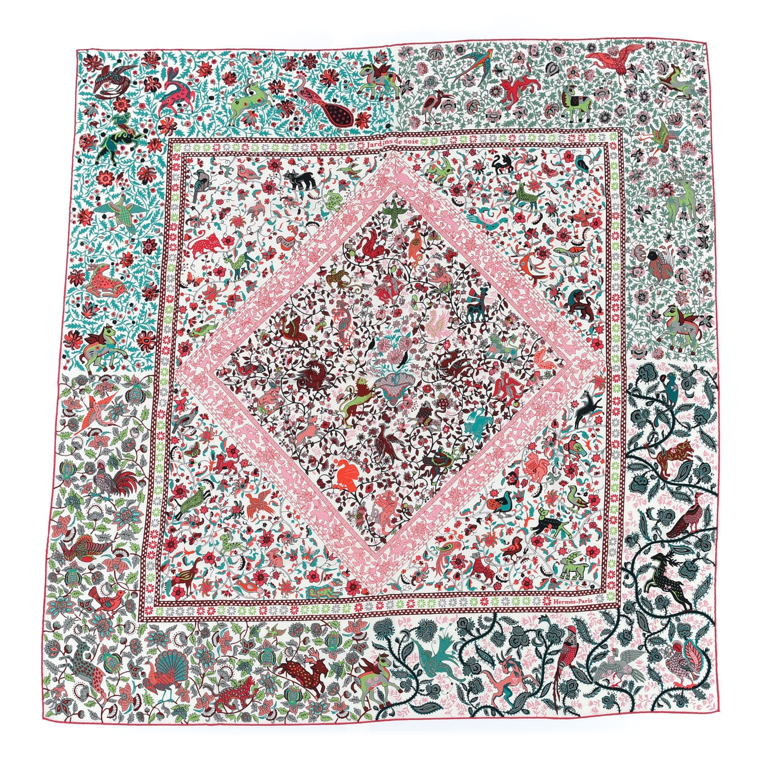 Hermes Cashmere Silk Jardins De Soie Shawl 140 Vert Rose White 1 of 5