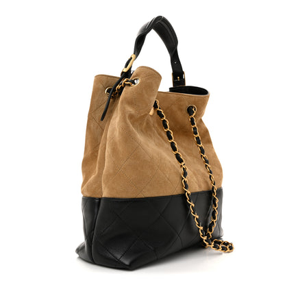 Chanel Suede Calfskin Shiny Lambskin Quilted Coco Base Shopping Bag Beige Black 3 of 10