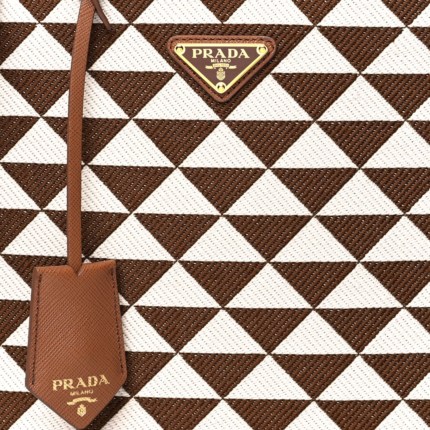 Jacquard Saffiano Triangolo Symbole Embroidered Small Tote Tobacco Talco