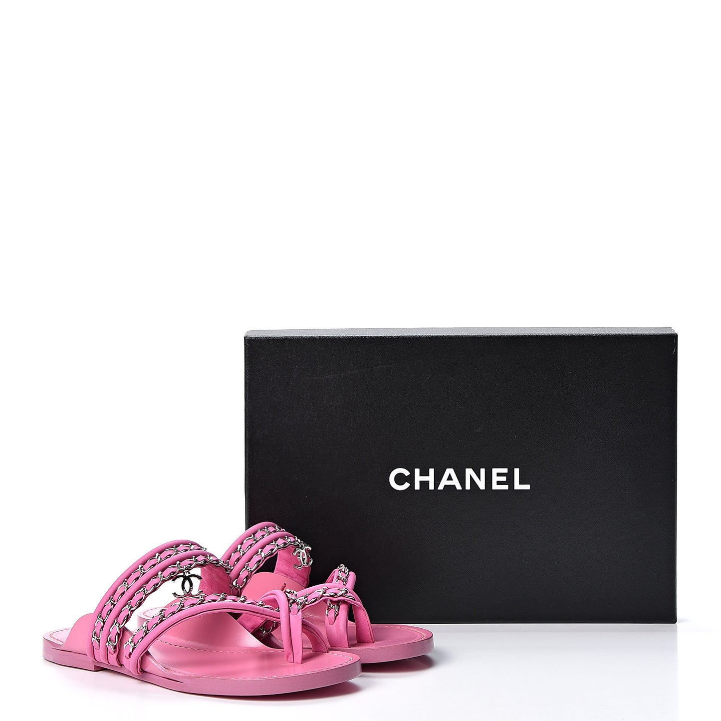 Calfskin Chain CC Thong Flat Sandals 36 Pink