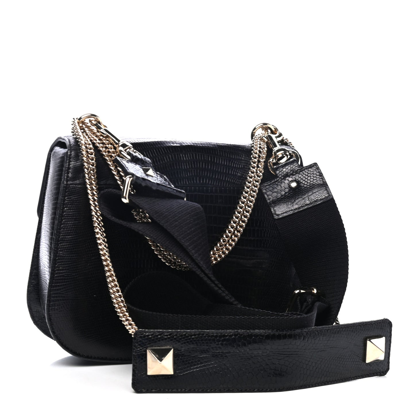Lizard Embossed Calfskin VLTN Medium Shoulder Bag Black