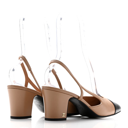 Chanel Lambskin Cap Toe CC Slingback Pumps 40.5 Dark Beige Black 5 of 11