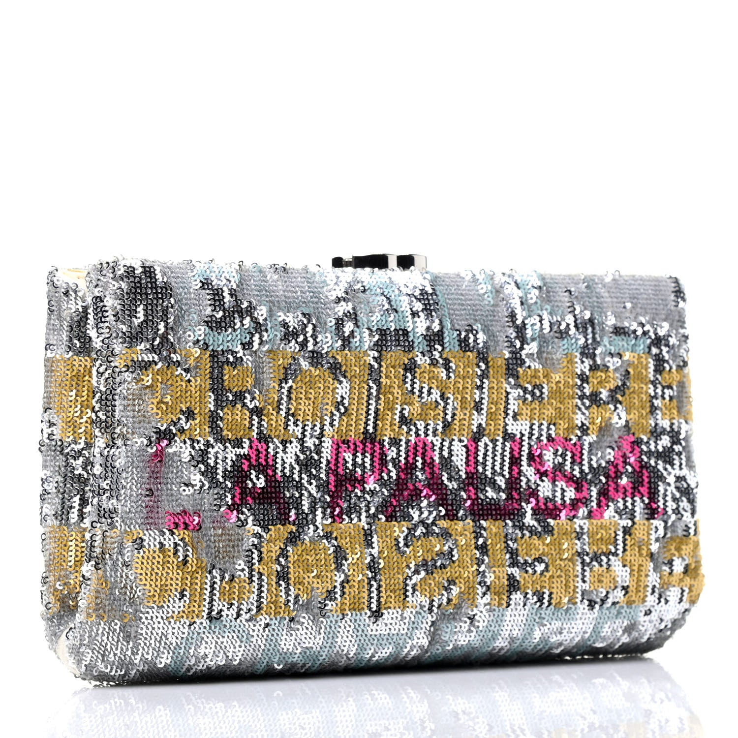 Chanel Sequin Satin Embroidered La Pausa Evening Clutch Silver Yellow Pink 2 of 4
