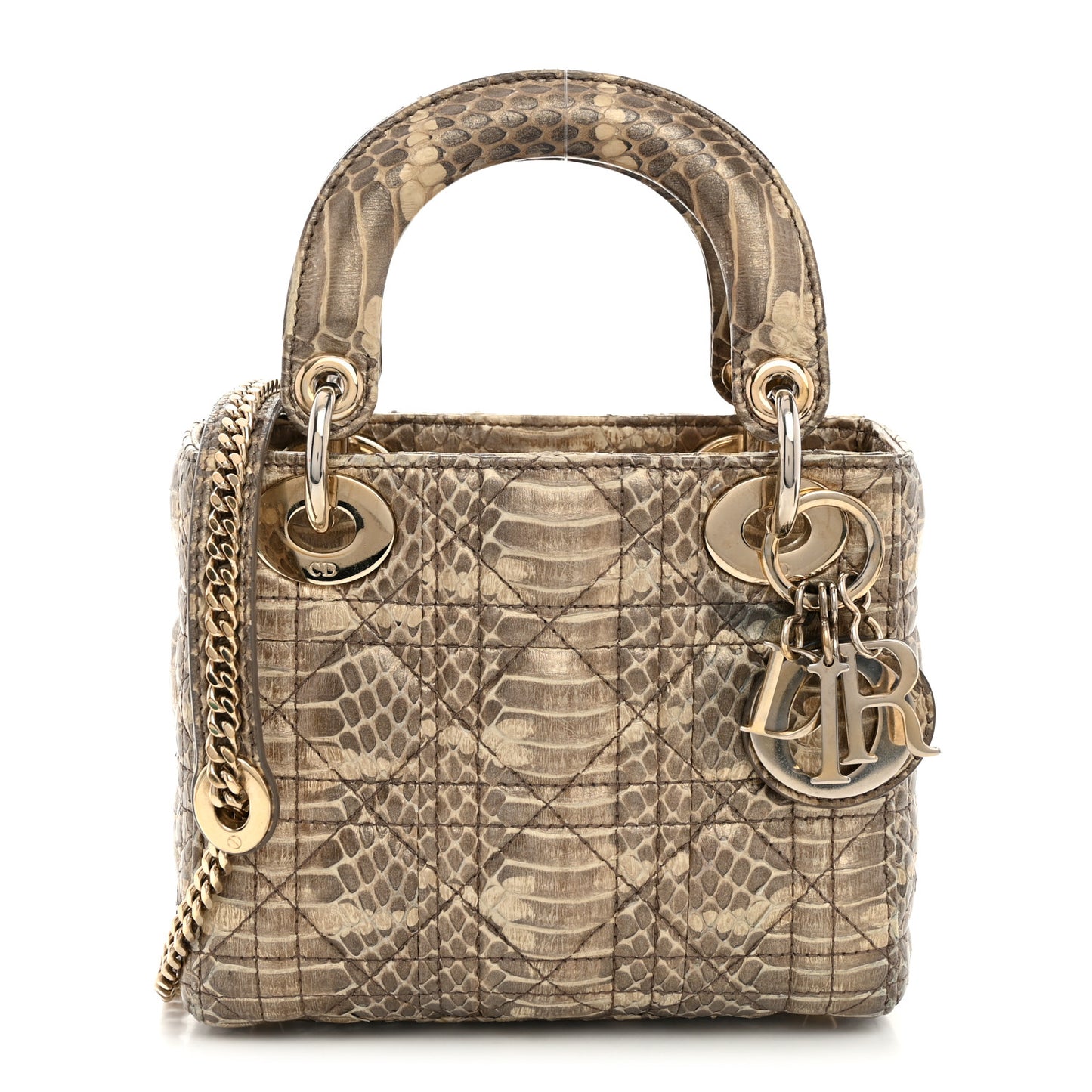 Metallic Snakeskin Cannage Mini Lady Dior Beige