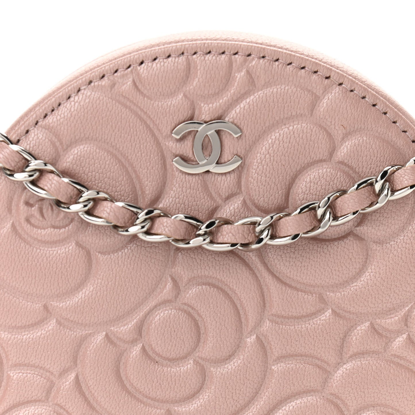 Goatskin Camellia Quilted Round Clutch With Chain Light Pink