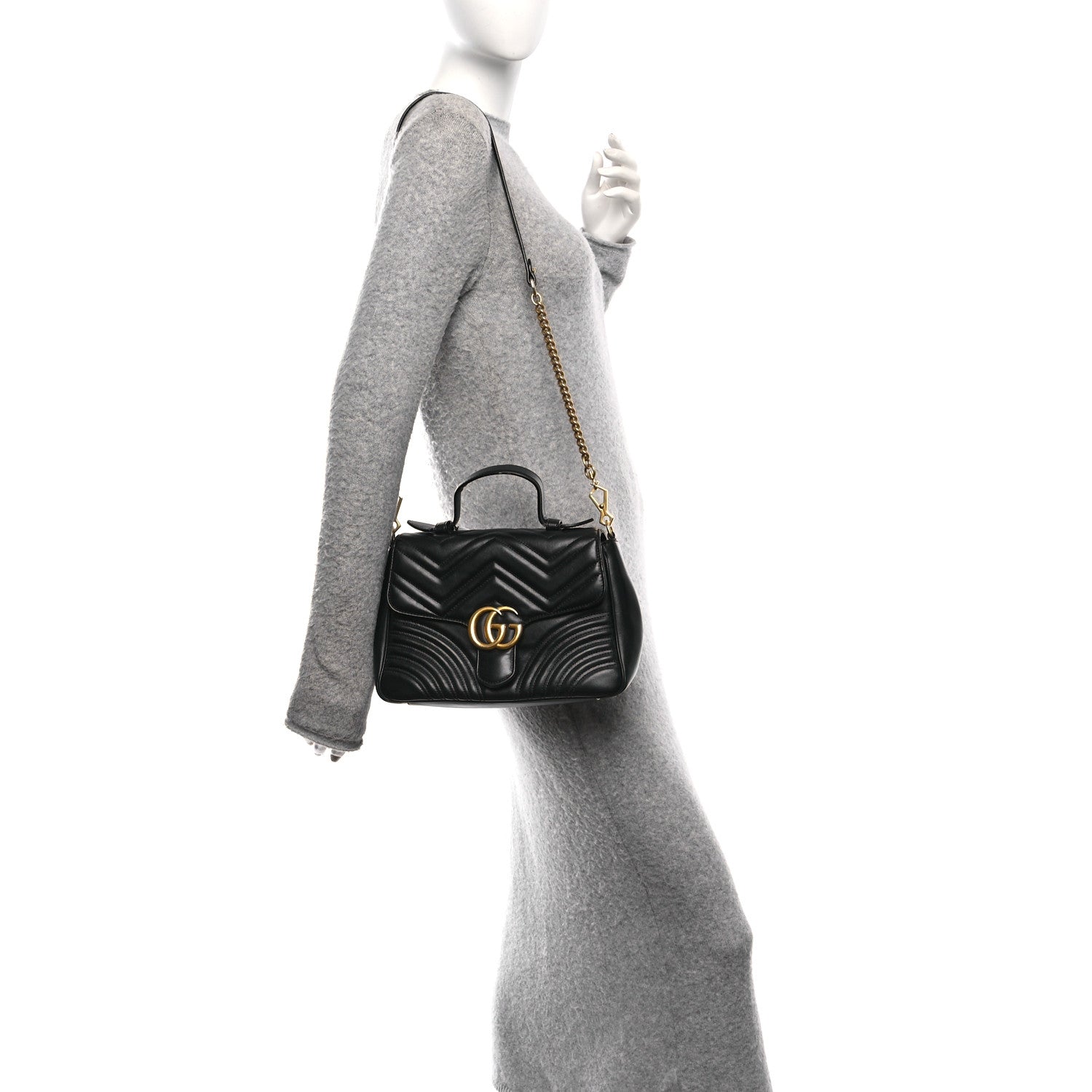 Gucci Calfskin Matelasse Small GG Marmont Top Handle Shoulder Bag Black 2 of 11