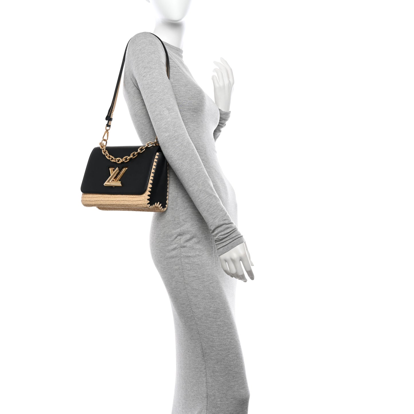 Calfskin Raffia Twist Shoulder Bag MM Black
