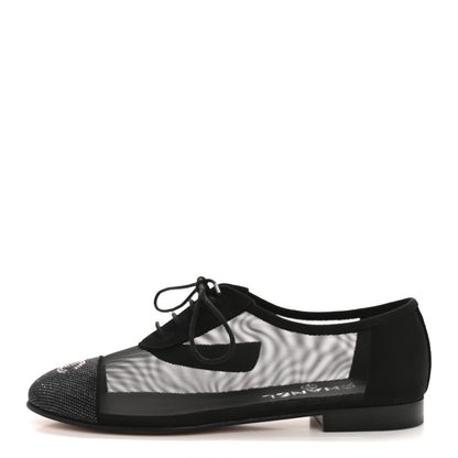 Chanel Calfskin Mesh Crystal Cap Toe CC Lace Up Oxford 35.5 Black 1 of 9