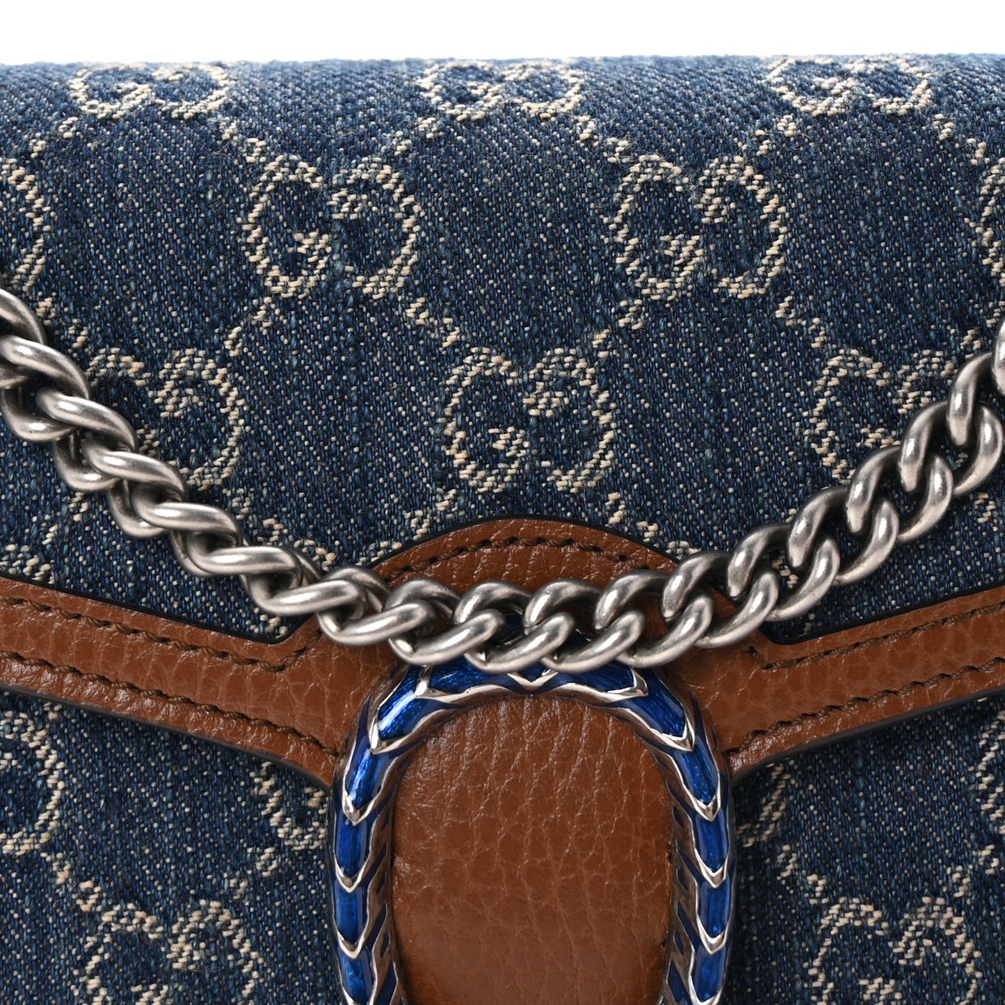 New Denim GG Monogram Dollar Calfskin Enamel Mini Dionysus Chain Wallet Blue Tea Cuir Epilog Electric Blue