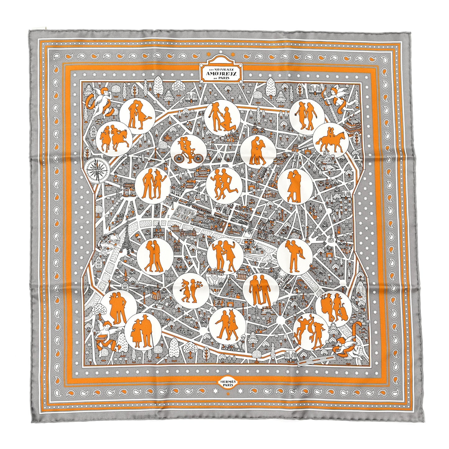 Silk Les Nouveaux Amoureux de Paris Bandana Scarf 55 Gris White Caramel