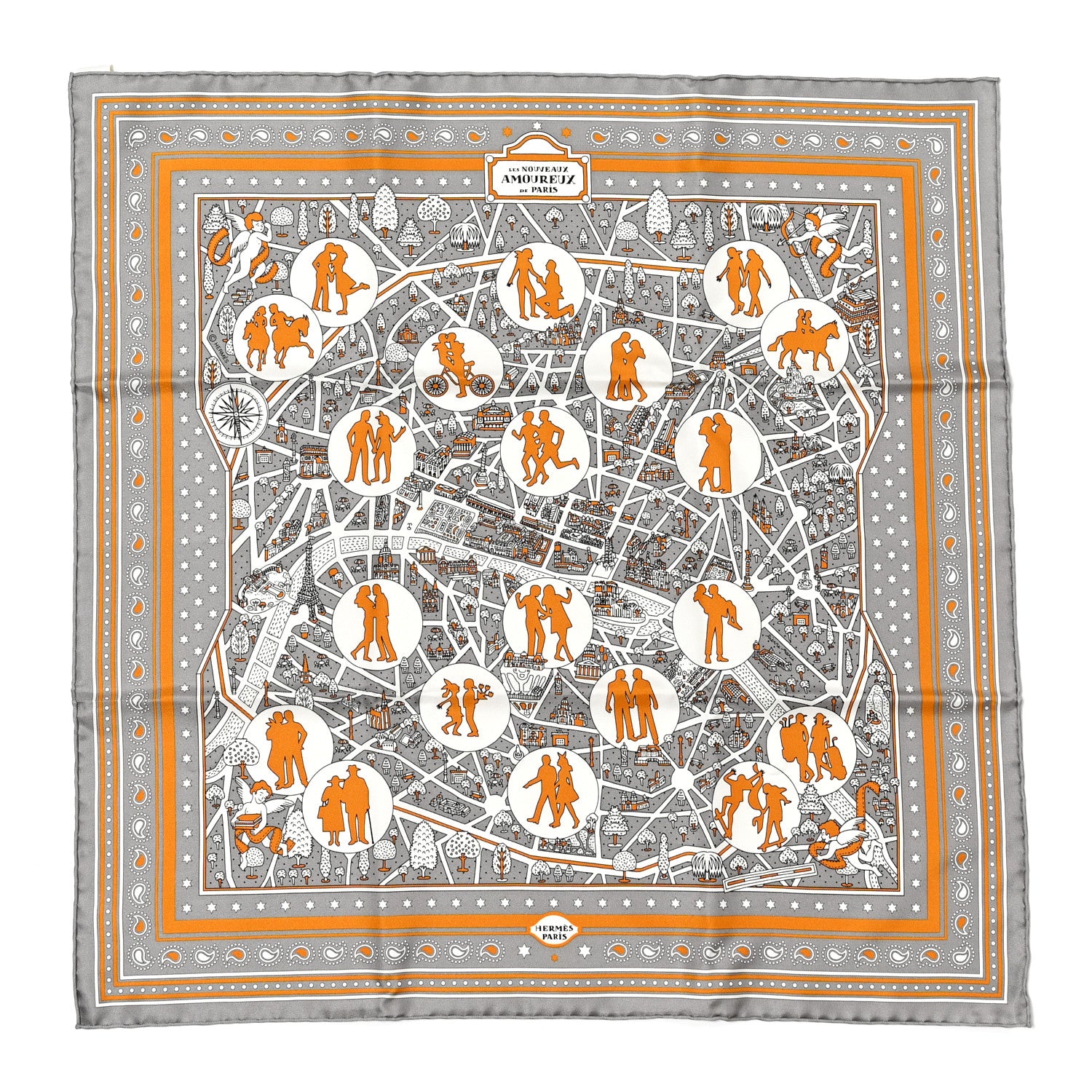 Hermes Silk Les Nouveaux Amoureux de Paris Bandana Scarf 55 Gris White Caramel 1 of 5