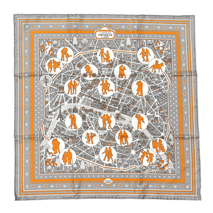 Hermes Silk Les Nouveaux Amoureux de Paris Bandana Scarf 55 Gris White Caramel 1 of 5