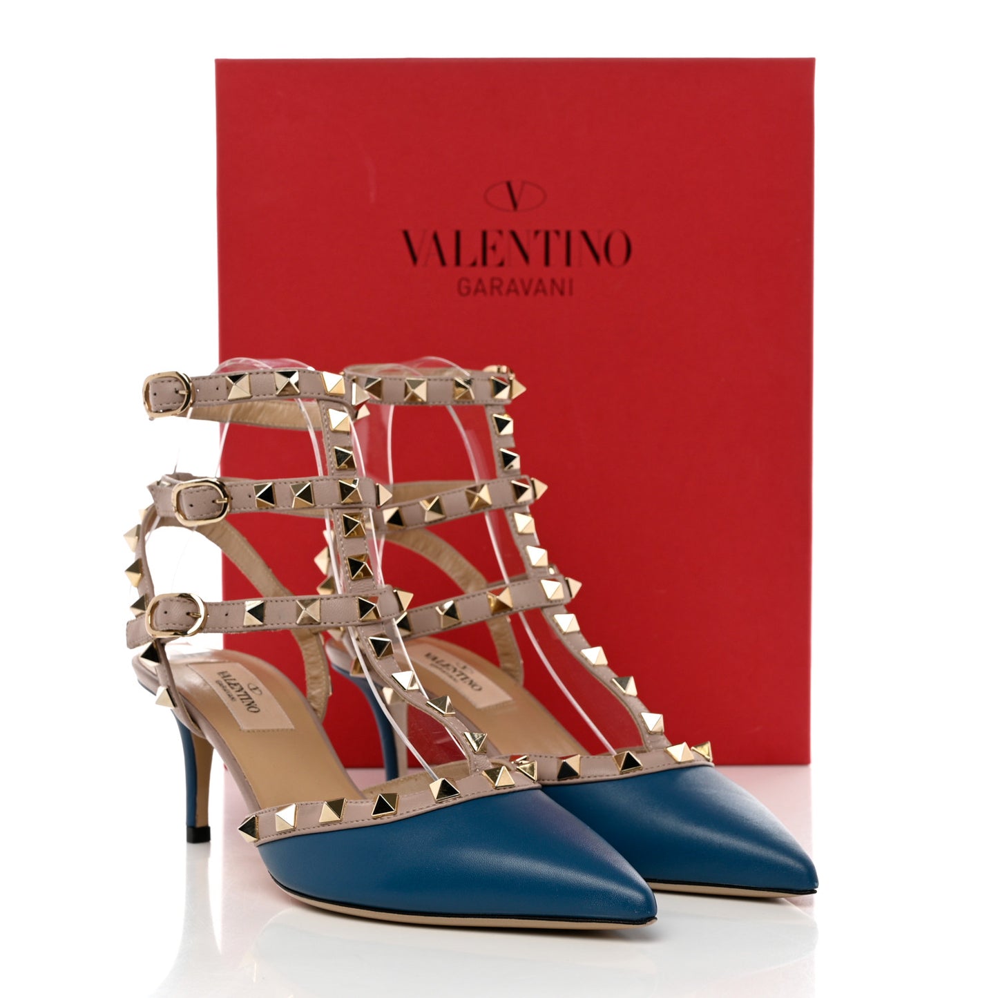 Calfskin Nappa Rockstud Ankle Strap 65mm Pumps 36 Indaco Poudre