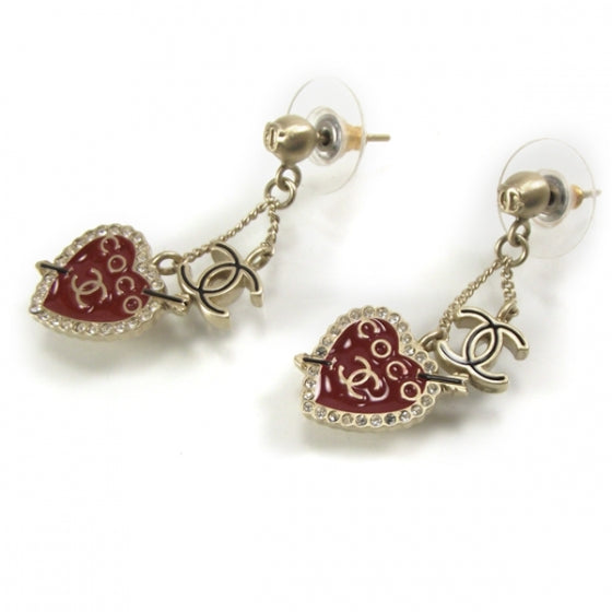 Metal Enamel Crystal CC Heart Earrings Gold Red