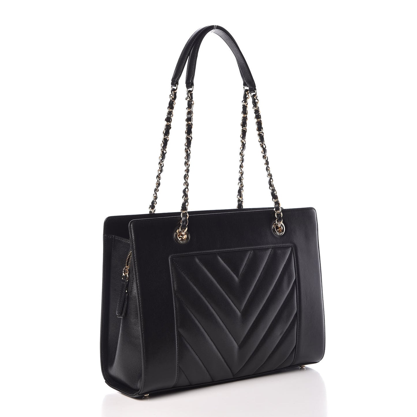 Sheepskin Chevron Quilted Mademoiselle Vintage Shopping Tote Black