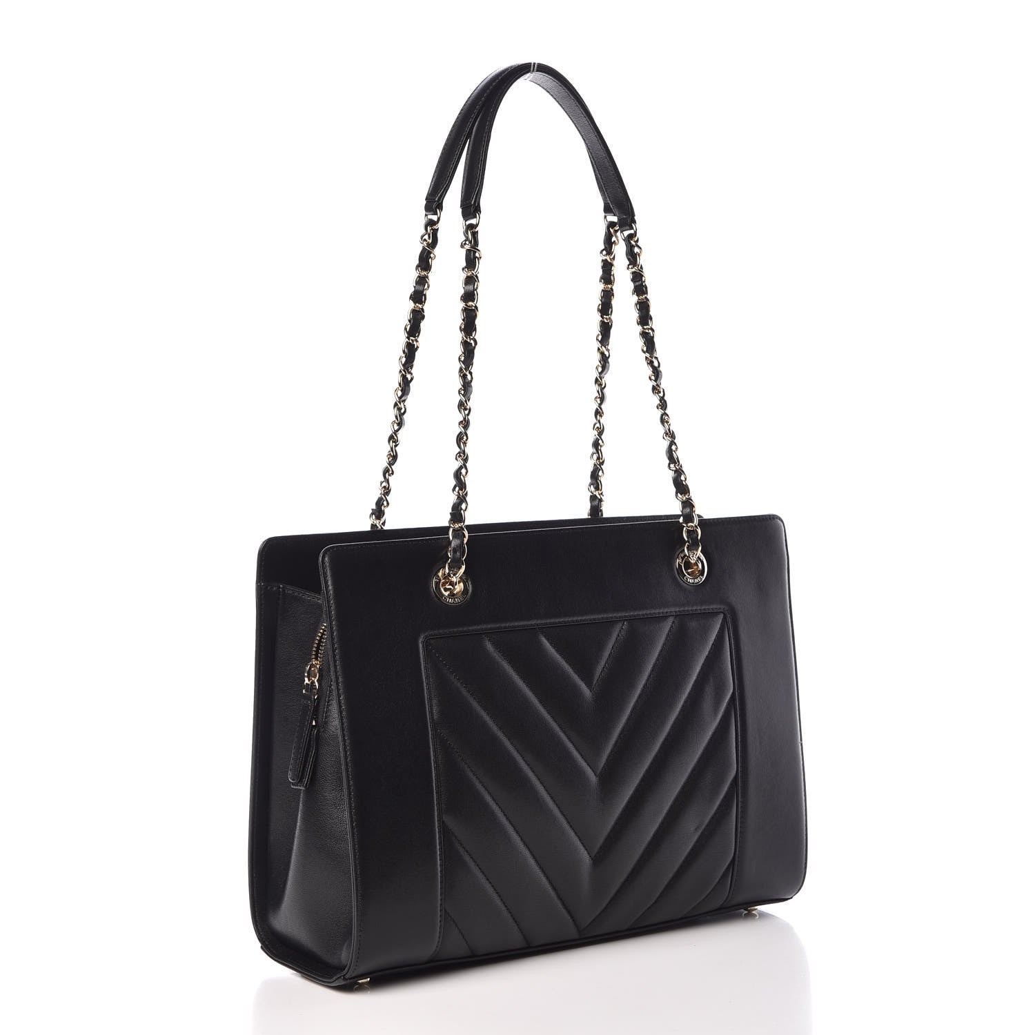 Chanel Sheepskin Chevron Quilted Mademoiselle Vintage Shopping Tote Black 3 of 10