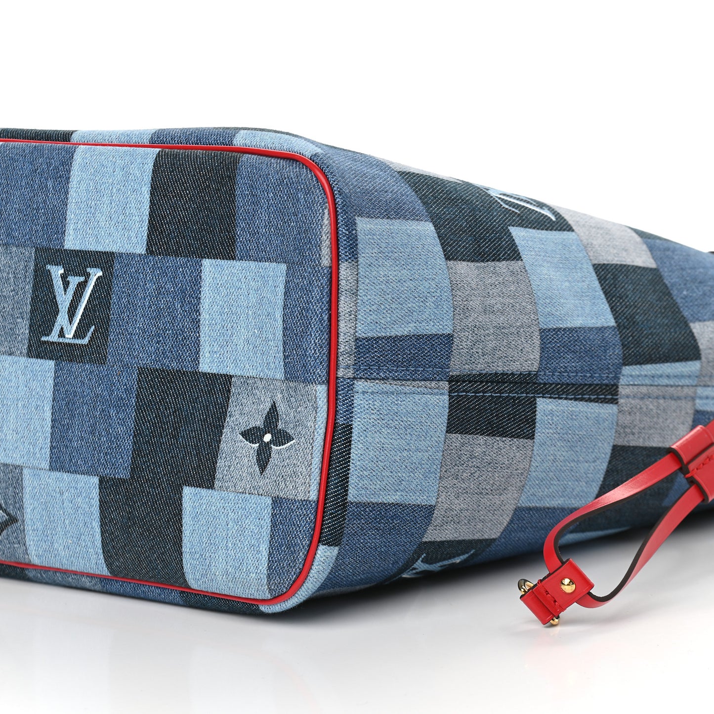 Denim Damier Monogram Patchwork Neverfull Blue Rouge