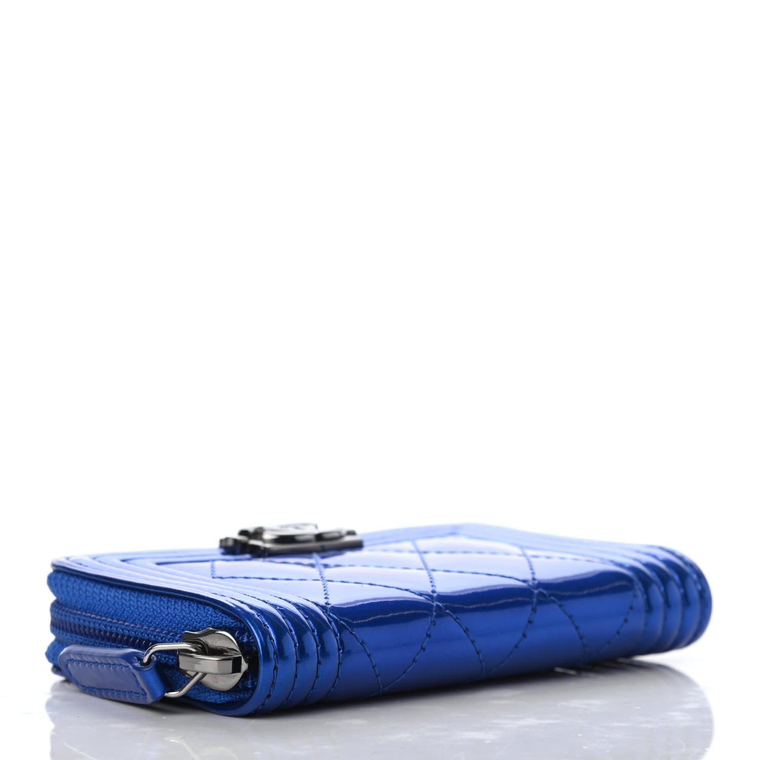 Chanel Metallic Patent Quilted Zip Around Boy Coin Purse Wallet Blue 4 of 7