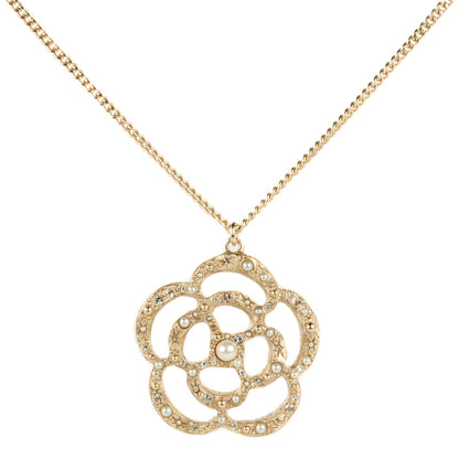 Chanel Crystal Pearl Camellia Necklace Gold 1 of 6