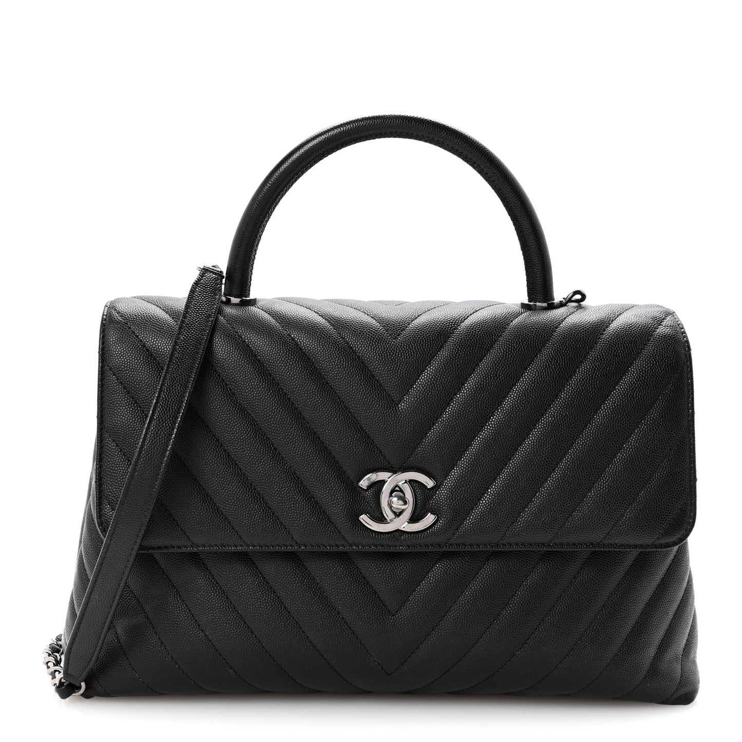 Caviar Chevron Quilted Medium Coco Handle Flap Black