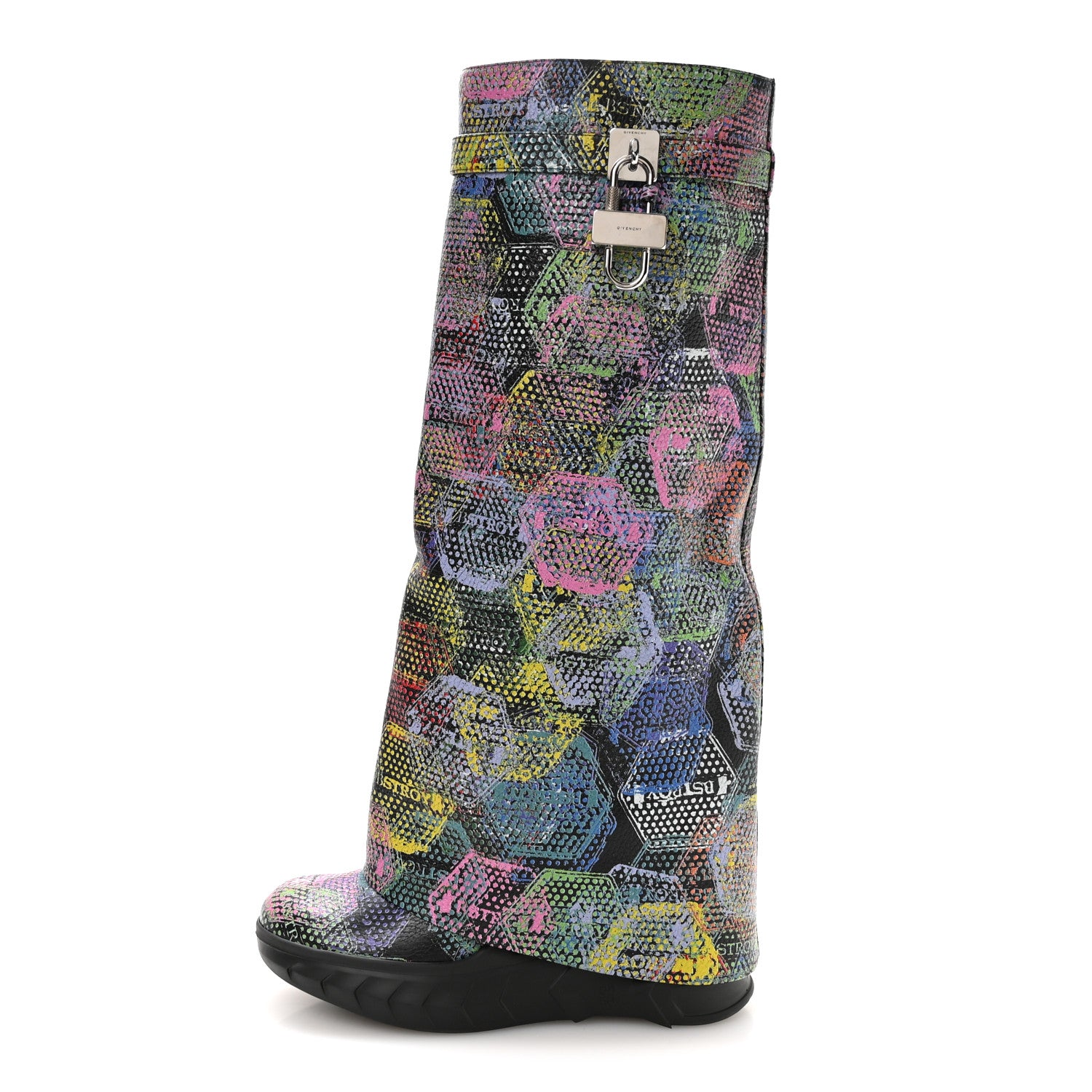 Givenchy Grained Calfskin Printed Shark Lock Biker Knee Boots 41 Black Multicolor 1 of 7
