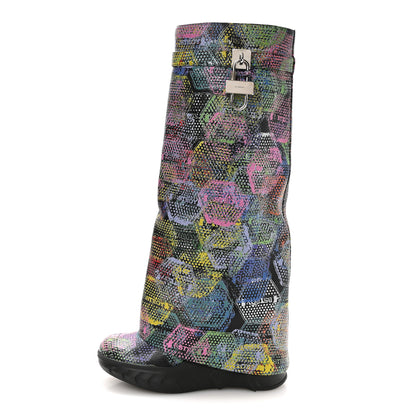 Givenchy Grained Calfskin Printed Shark Lock Biker Knee Boots 41 Black Multicolor 1 of 7