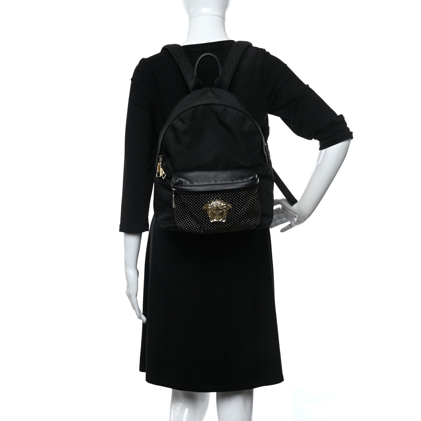 Nylon Goatskin Studded Palazzo Medusa Backpack Black
