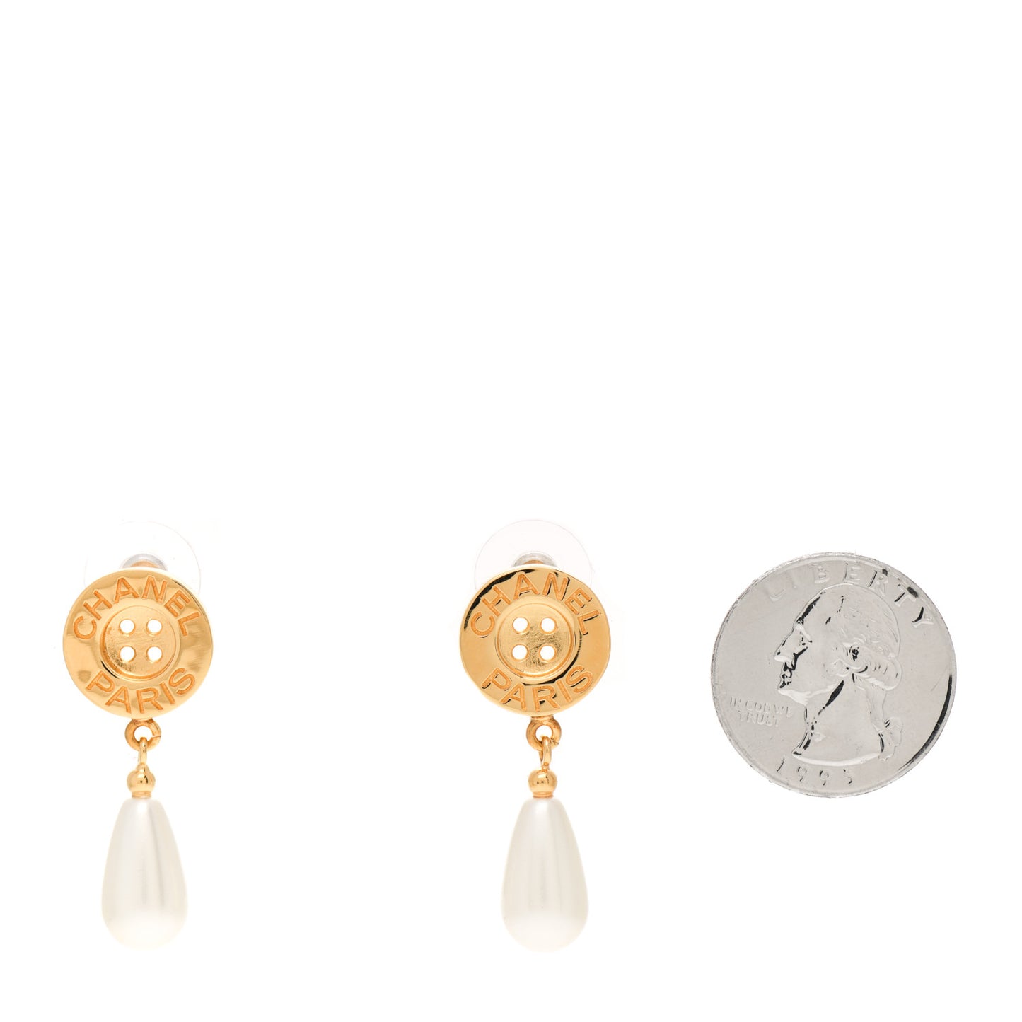 Metal Pearl Paris Button Drop Earrings Gold