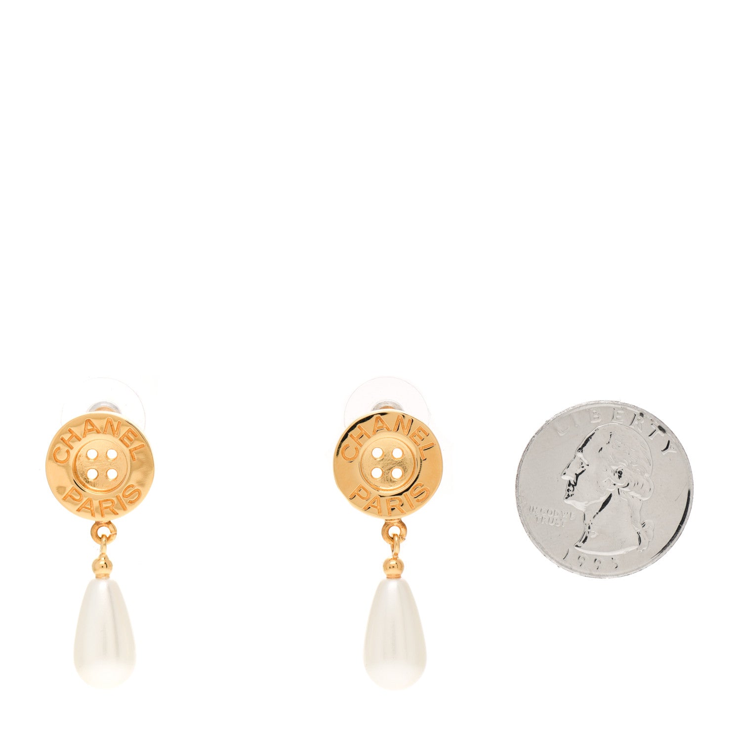 Chanel Metal Pearl Paris Button Drop Earrings Gold 2 of 4