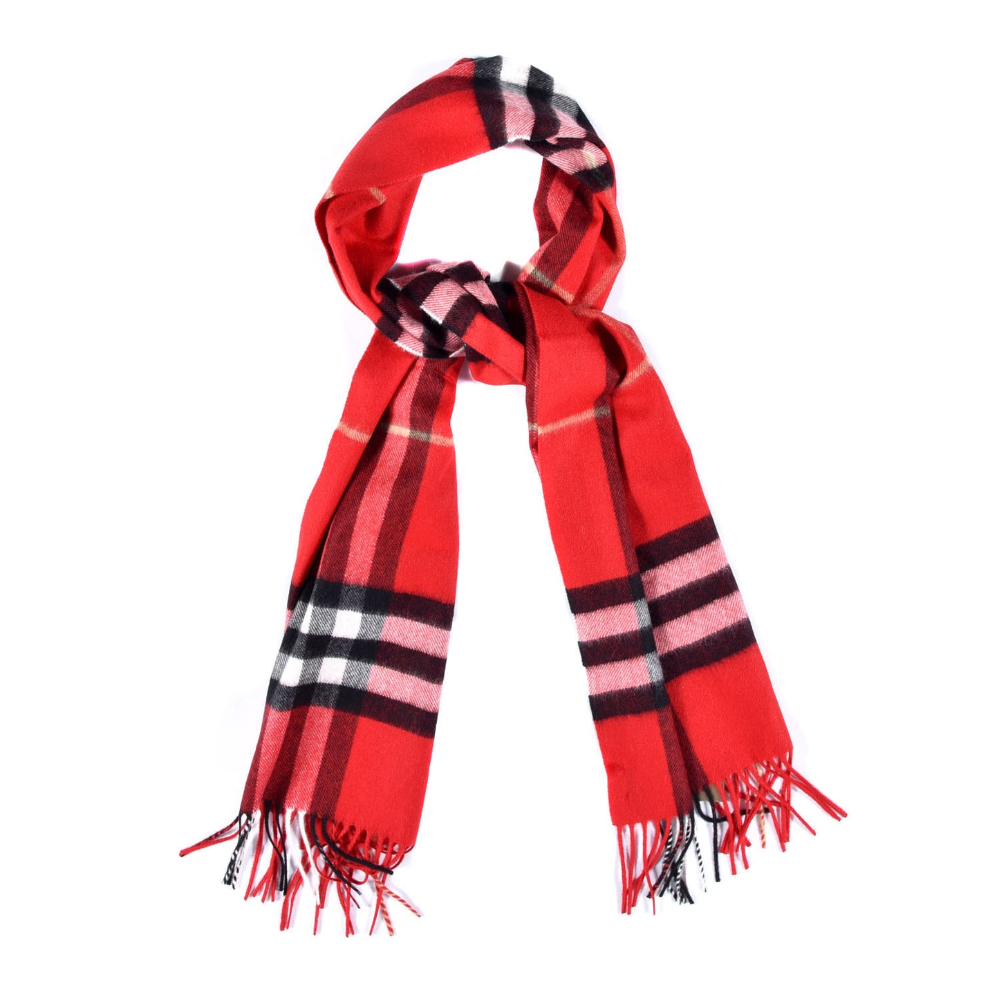 Cashmere Giant Check Fringe Scarf Military Red