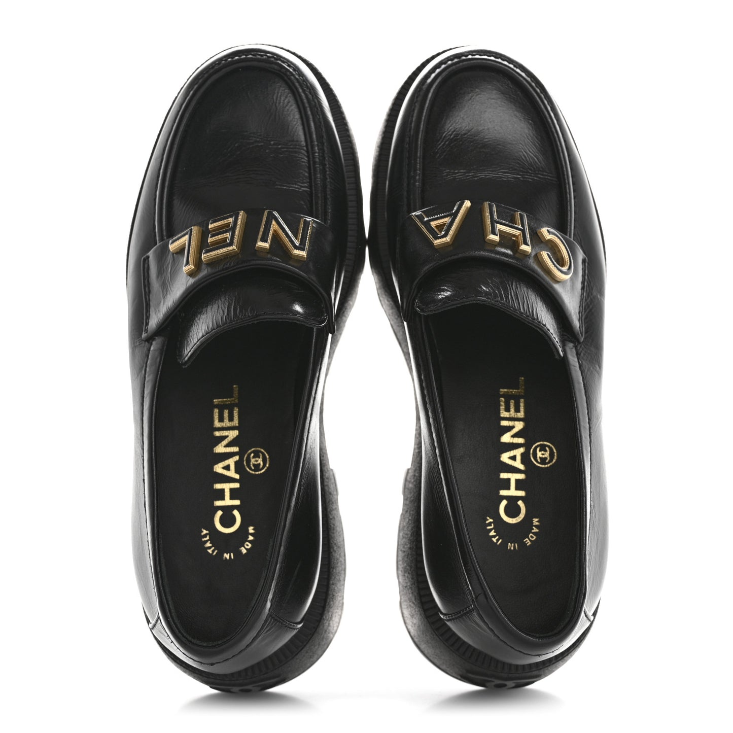 Shiny Calfskin Logo Loafers 35 Black
