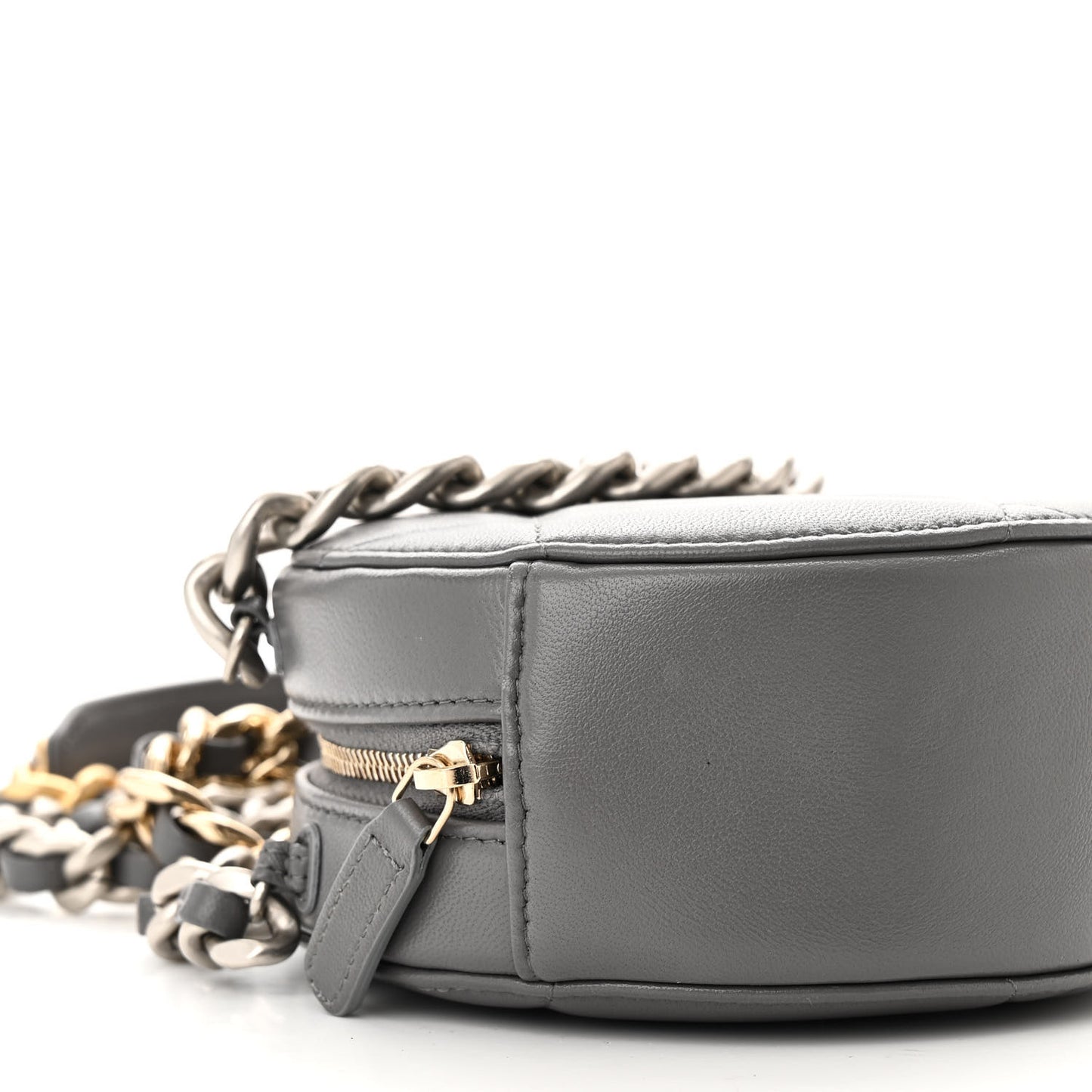 Lambskin Quilted Chanel 19 Round Clutch With Chain Grey