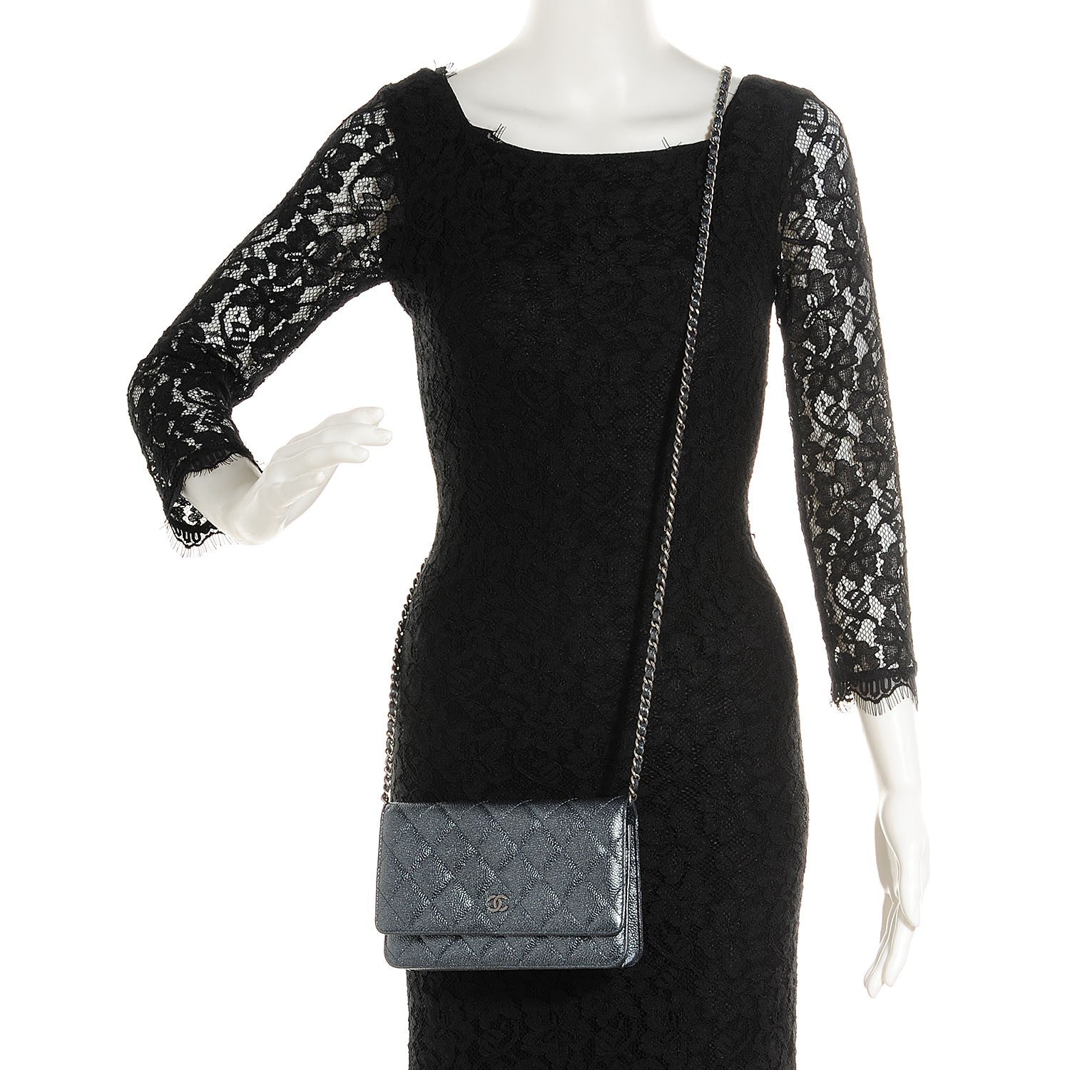 Chanel Metallic Caviar Quilted Wallet On Chain WOC Charcoal 2 of 9