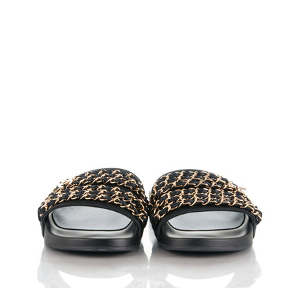 Chanel Lambskin Canvas Chain Flat Sandals 37 Marine 2 of 7
