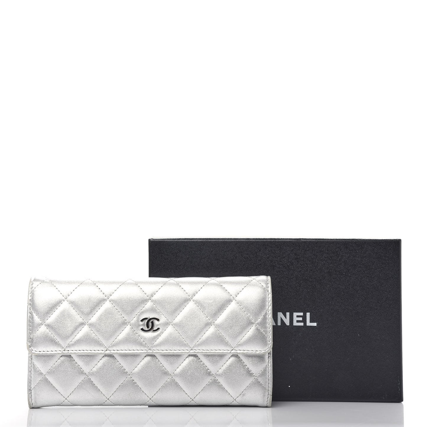 Metallic Lambskin Long Flap Wallet Silver