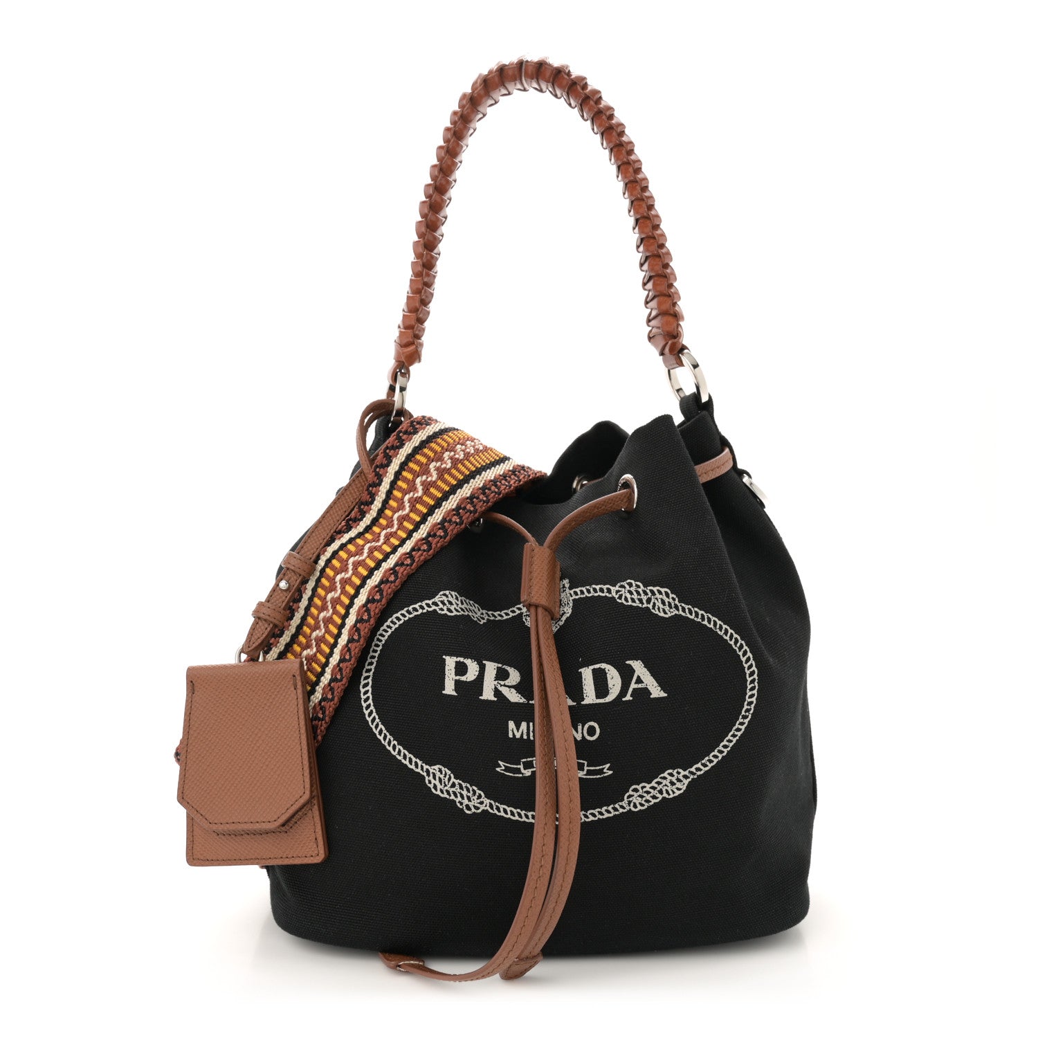 Prada Canapa Logo Bucket Bag Black Cognac 1 of 12