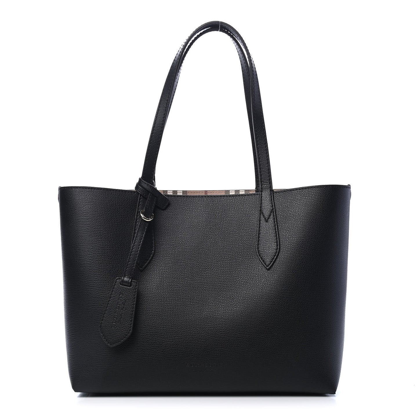 Grainy Calfskin Haymarket Check Medium Reversible Tote Black