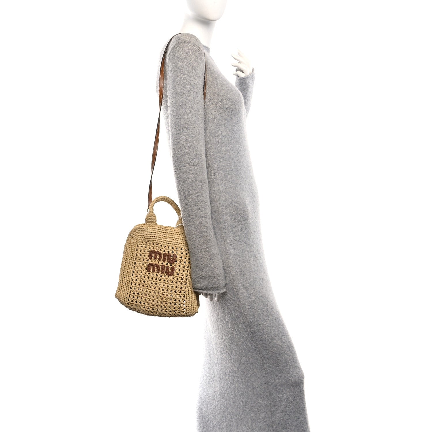 Miu Miu Raffia Crochet Woven Tote Bag Beige 2 of 10