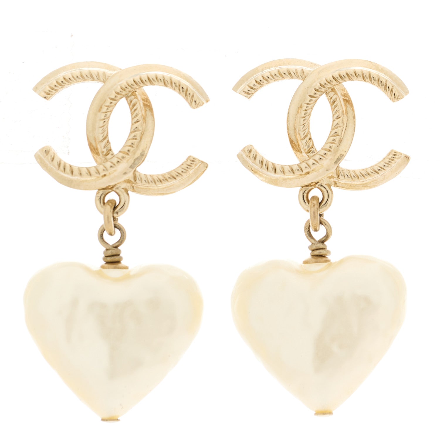 Chanel Pearl CC Heart Drop Earrings Gold 1 of 5