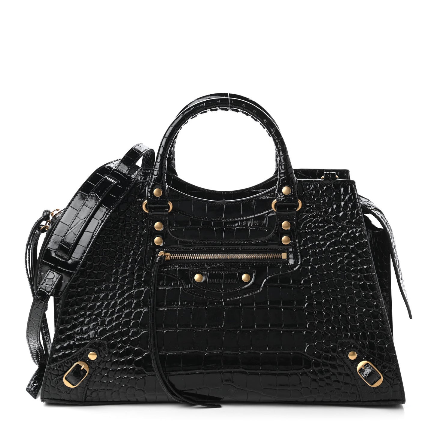 Shiny Supple Calfskin Crocodile Embossed Brass Hardware Neo Classic City Black