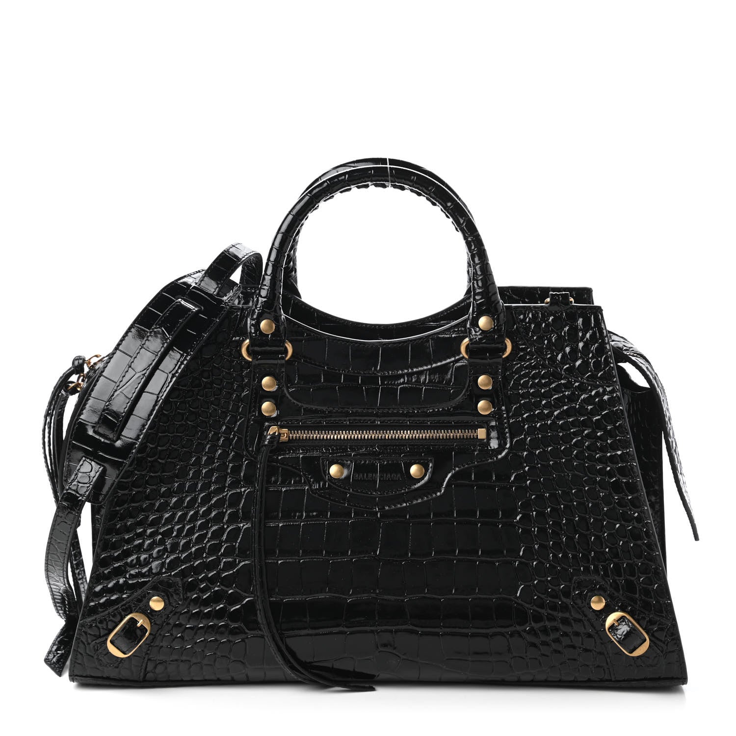 Balenciaga Shiny Supple Calfskin Crocodile Embossed Brass Hardware Neo Classic City Black 1 of 9