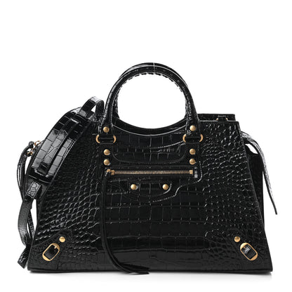 Balenciaga Shiny Supple Calfskin Crocodile Embossed Brass Hardware Neo Classic City Black 1 of 9
