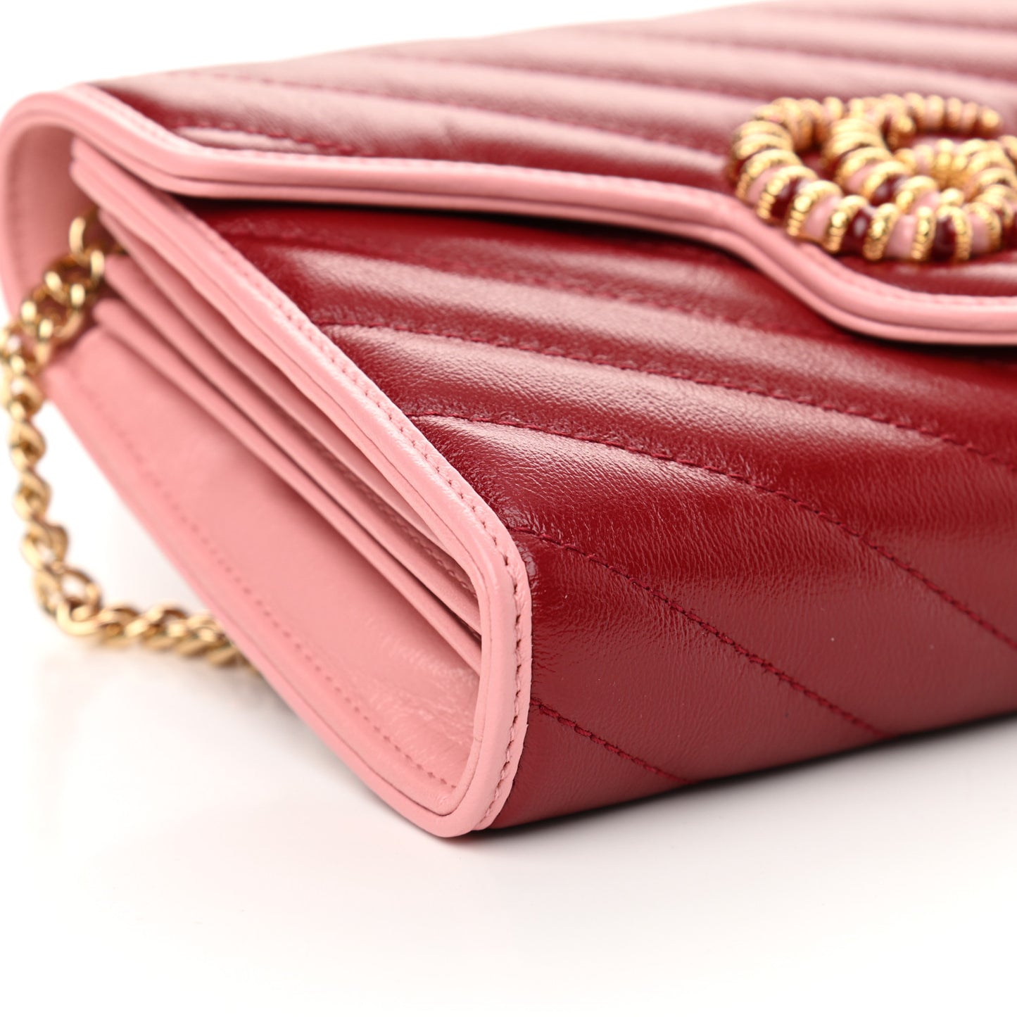 Azalea Calfskin Enamel Matelasse Diagonal Torchon GG Marmont Chain Wallet New Cherry Red Wild Rose