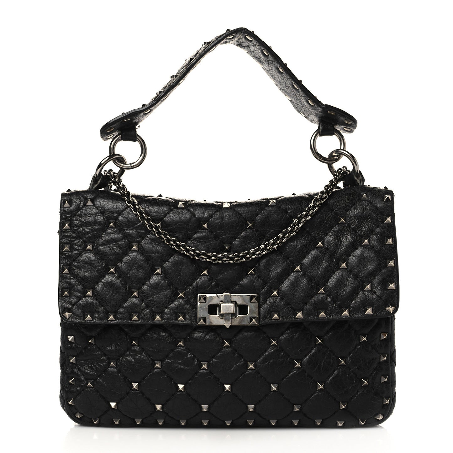 Craquele Nappa Medium Rockstud Spike Shoulder Bag Black
