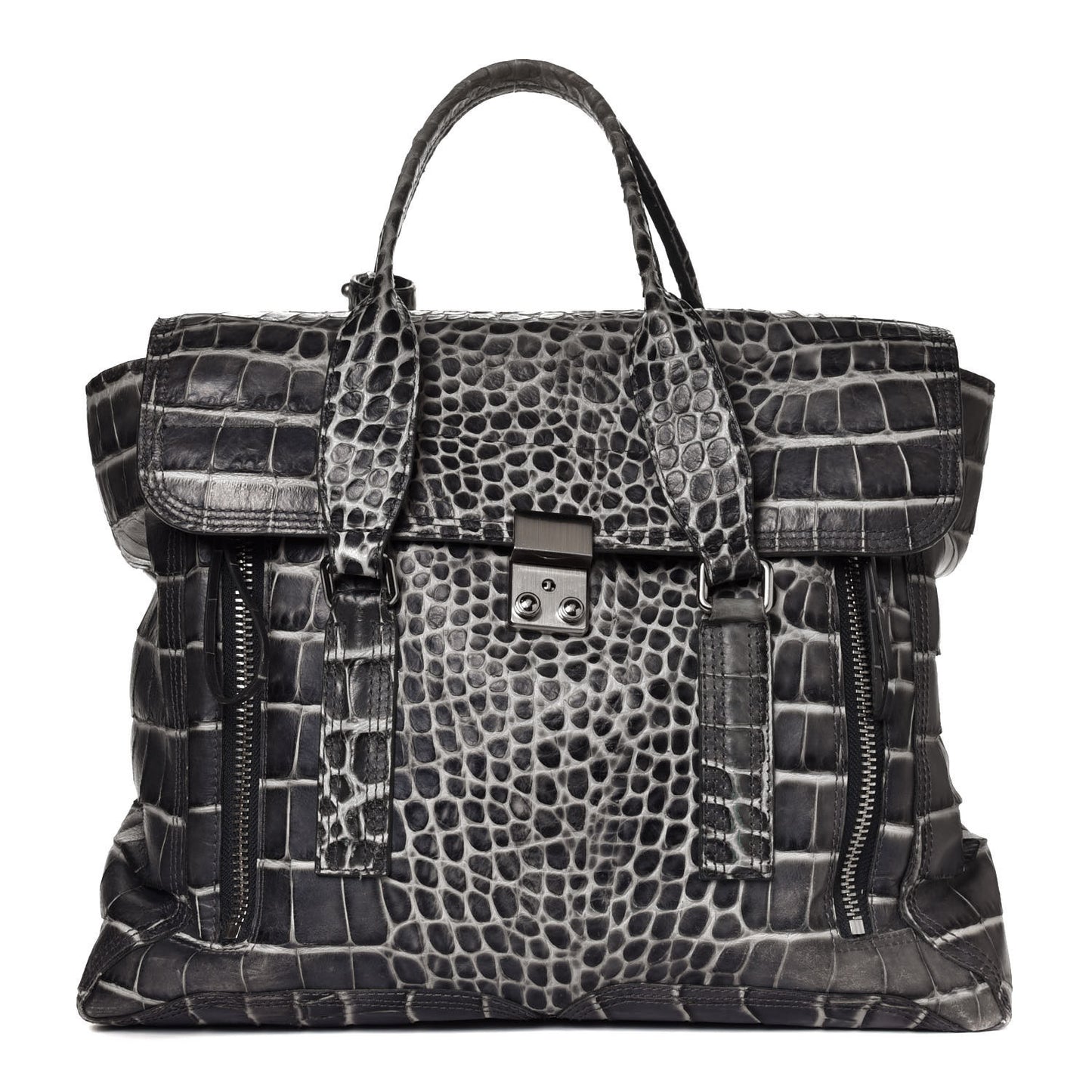 Calfskin Crocodile Embossed Large Pashli Satchel Antique Grey