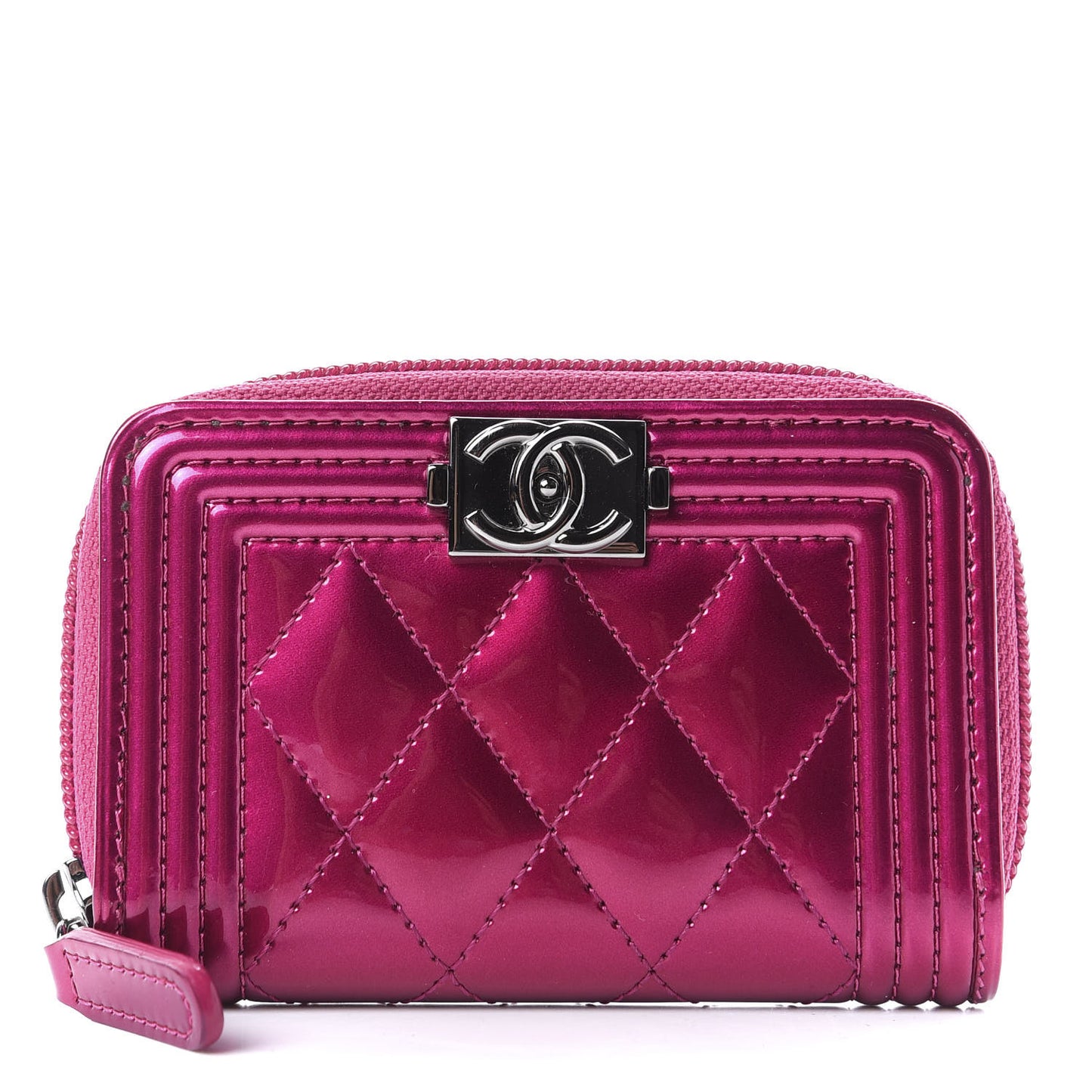 Metallic Patent Quilted Zip Around Boy Coin Purse Wallet Fuchsia