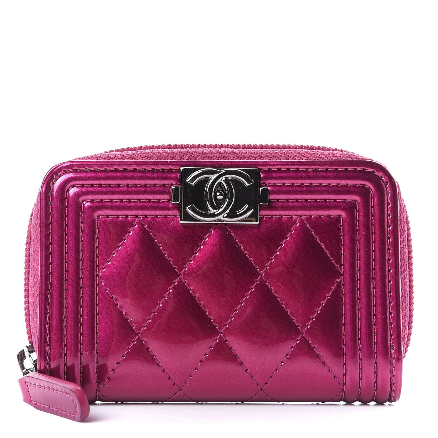 Chanel Metallic Patent Quilted Zip Around Boy Coin Purse Wallet Fuchsia 1 of 10